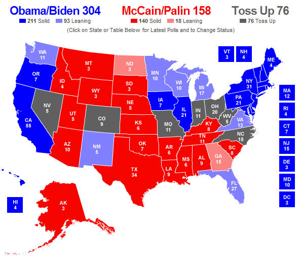 Electroal map from RealClearPolitics from polling on 10-13-2008 (realclearpolitics.com)