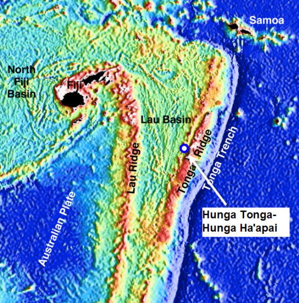 Locationof Hunga Tonga-Hunga Ha'apai volcano on Tonga arc (credit: http://www.science.psu.edu/alert/Images/r2k_laubathymetry.jpg)
