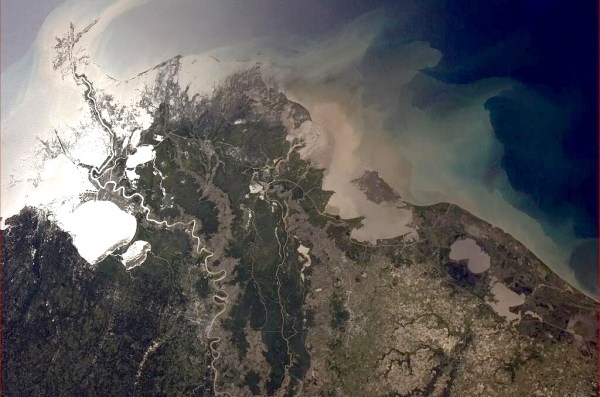 Mississippi River delta from the International Space Station (photo by @Cmdr_Hadfield)